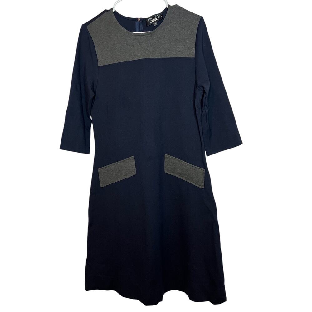 Front Row Sara Goldy Modest Navy Grey Dress Medium 3/4 Sleeve Calf Length Thick